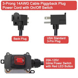 Inline Cord Switch With 3.3Ft 14Awg Cable Piggyback Plug(3-Pronged), Ip67 Waterproof Extension Cord With On/Off, Ac/Dc 20A-125V Inline Power Switch With Red Led Rocker Button