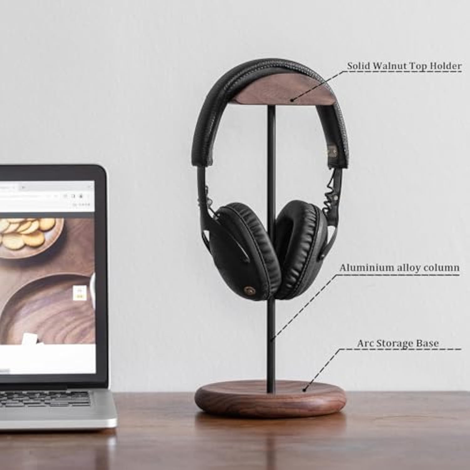 Walnut Wood & Aluminum Headset Stand, Desktop Headphone Stand, Headset Holder