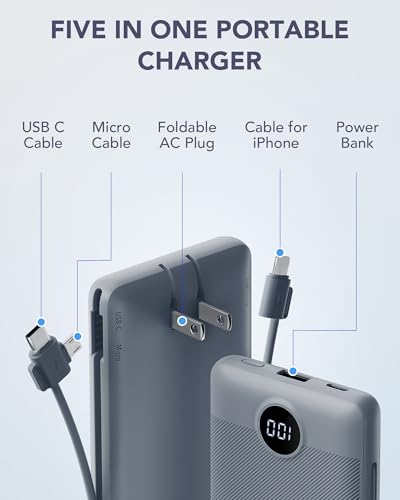 Portable Charger Built-in Cables and AC Wall Plug, USB C Power Bank 10000mAh, Travel Battery Portable Phone Charger Compact Lightweight External