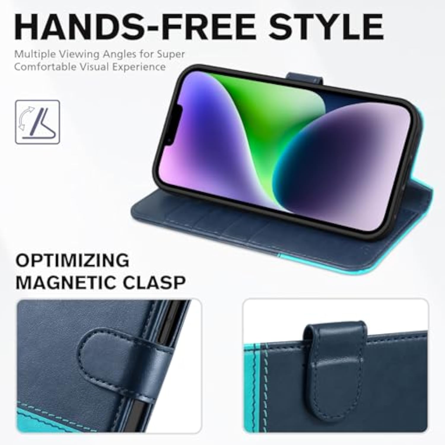TUCCH Dark Blue and Lake Blue Wallet Case for iPhone 14 6.1" with 4 Card Holders