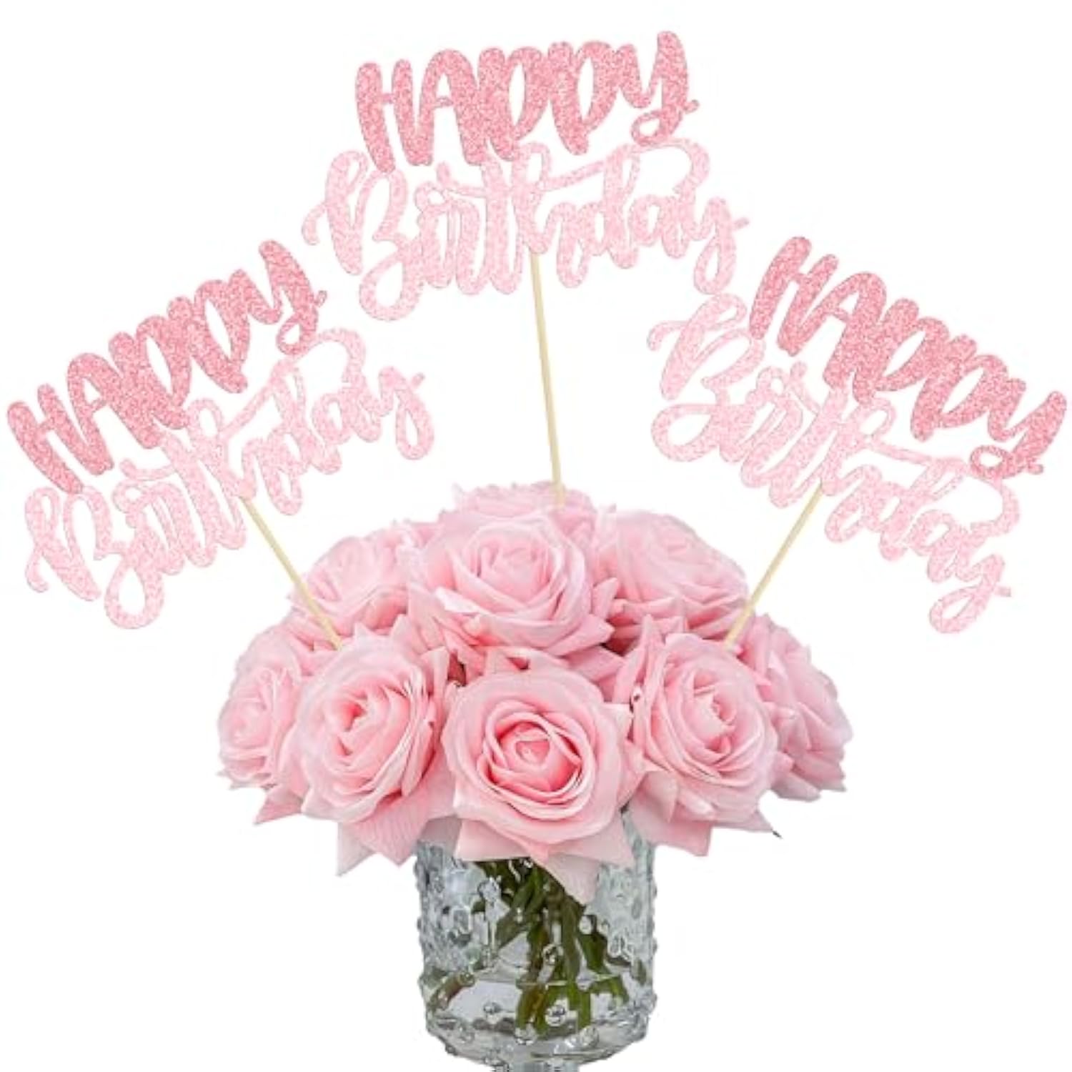 12Pcs Happy Birthday Centerpieces Sticks Double Sided Glitter Birthday Party Decorations Anniversary Table Flower Centerpiece For Celebrating Party Supplies Pink Light Pink