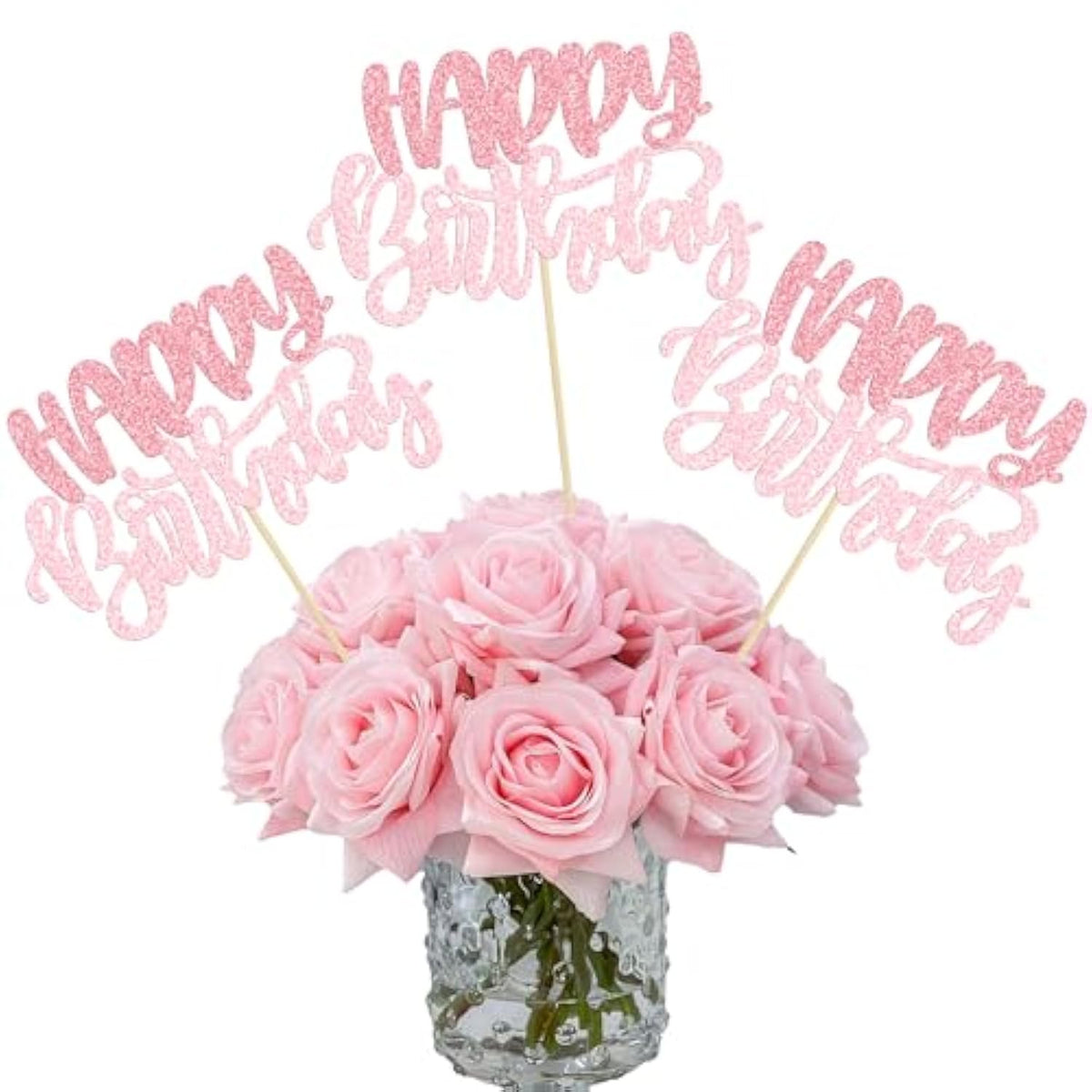 12Pcs Happy Birthday Centerpieces Sticks Double Sided Glitter Birthday Party Decorations Anniversary Table Flower Centerpiece For Celebrating Party Supplies Pink Light Pink
