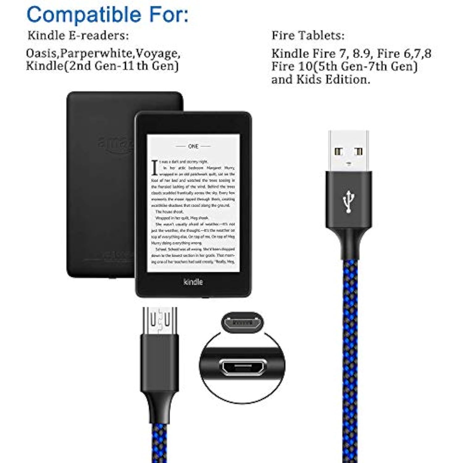 Micro Usb Cable For Fire Tablet Hd 7 8 10 4Th 5Th 6Th 7Th Generation,E-Readers,Micro B Charger For Samsung Galaxy Phone Braided Fast Charging Cord 6Ft