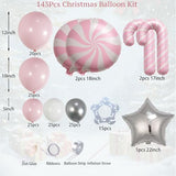143Pcs Christmas Tree Balloon Arch Garland Kit with Pastel Pink White Metallic Silver Cane Candy Star Balloons for Christmas Party Decoration, Holiday Birthday Supplies, Xmas Garland