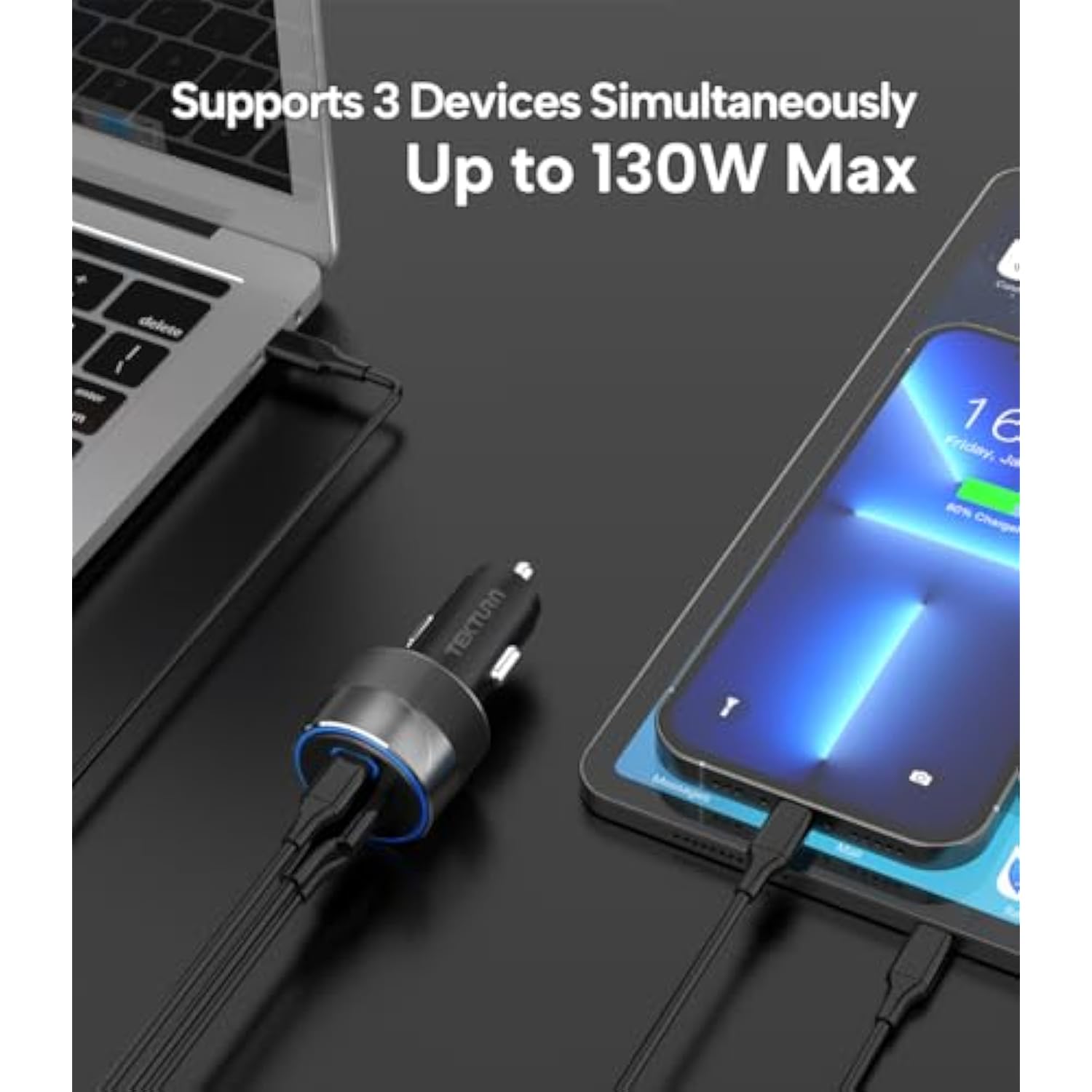 130W Car Charger With 100W E-Mark Cable - Multiport (2 Usb-C & 1 Usb-A) Super Fast Charging, Compatible With Iphone 15/14/13/12, Galaxy S24/S23/S22, Ipad, Macbook, Windows Laptops & More