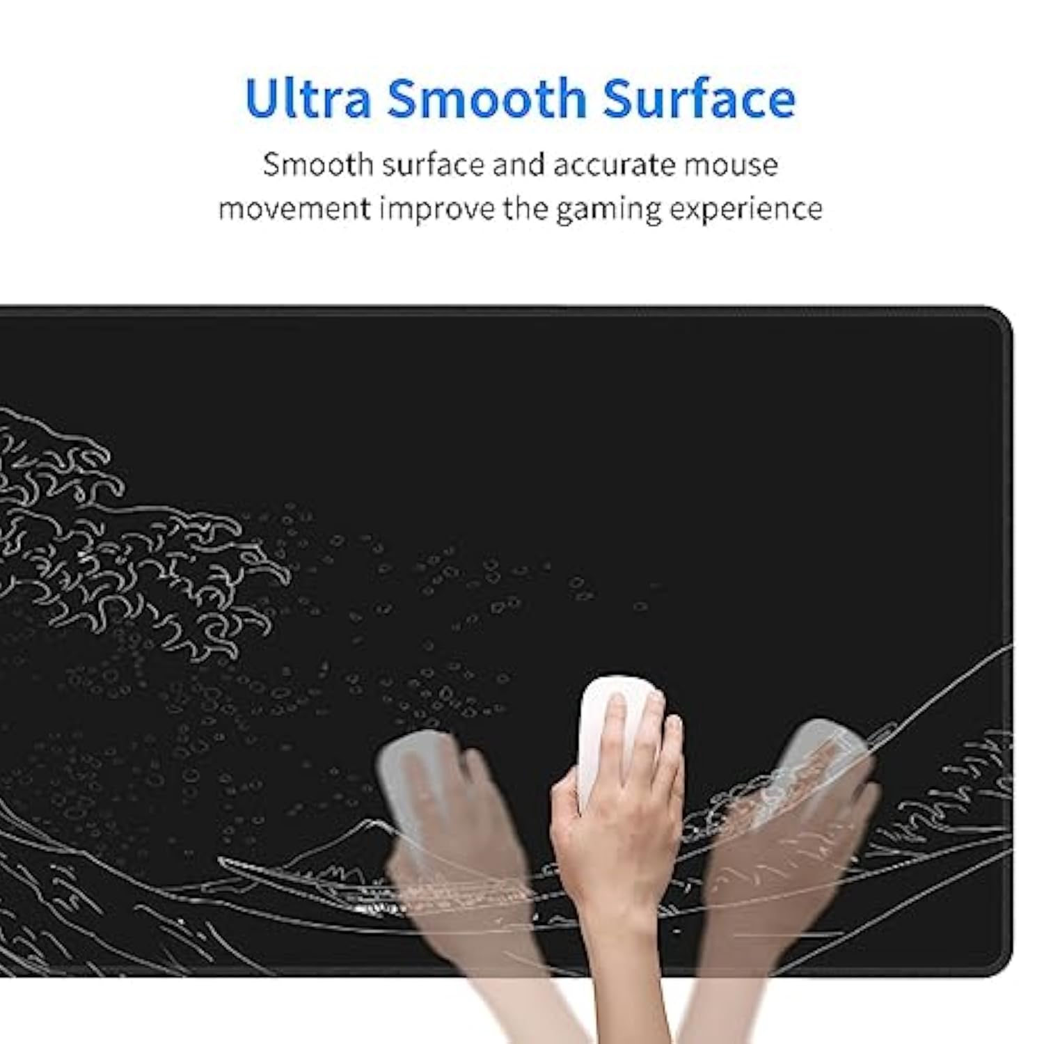 Japanese Gaming Mouse Pad Black Mouse Pad Kanagawa Large Mousepad Nonslip Rubber Base Waterproof With Stitched Edges For Gaming Office Home, 31.5X11.8 Inch (Black Wave)