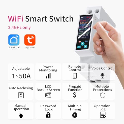 Smart Wifi Switch, 1P+N Ac90-240V 1-50A, Smart Life/Tuya App Remote Control, With Power Monitoring, Export/Clear Power Data, Din Rail Mounted, With Lcd Display, Recloser Function, Fcc Certified
