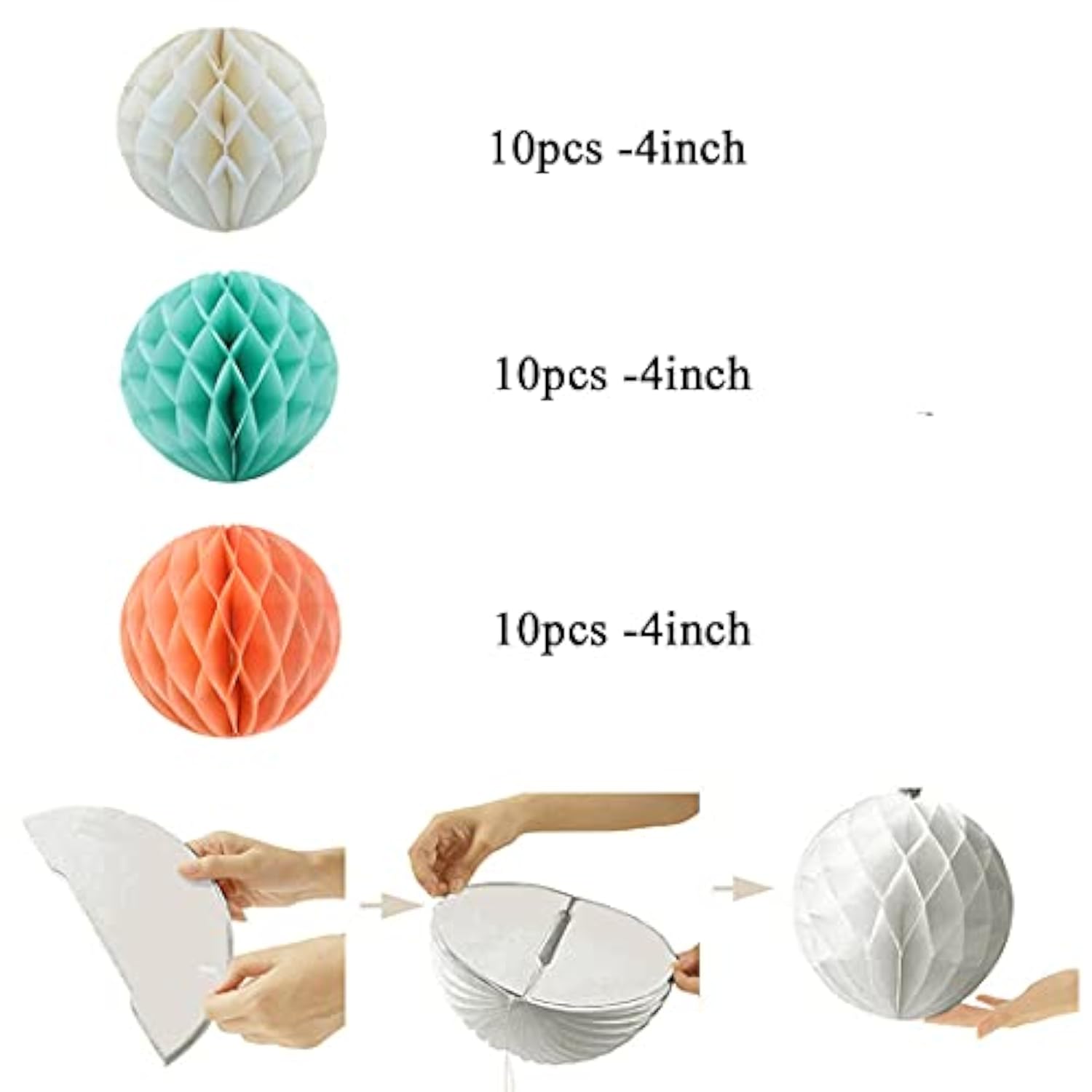 30Pcs 4Inch Pom Poms Tissue Paper Honeycomb Balls Flower Ball Wall Decor Pom Poms Decoration For Birthday Party Wedding Nursery Shower (Peach Cream Mint Green, 30Pcs-4Inch)