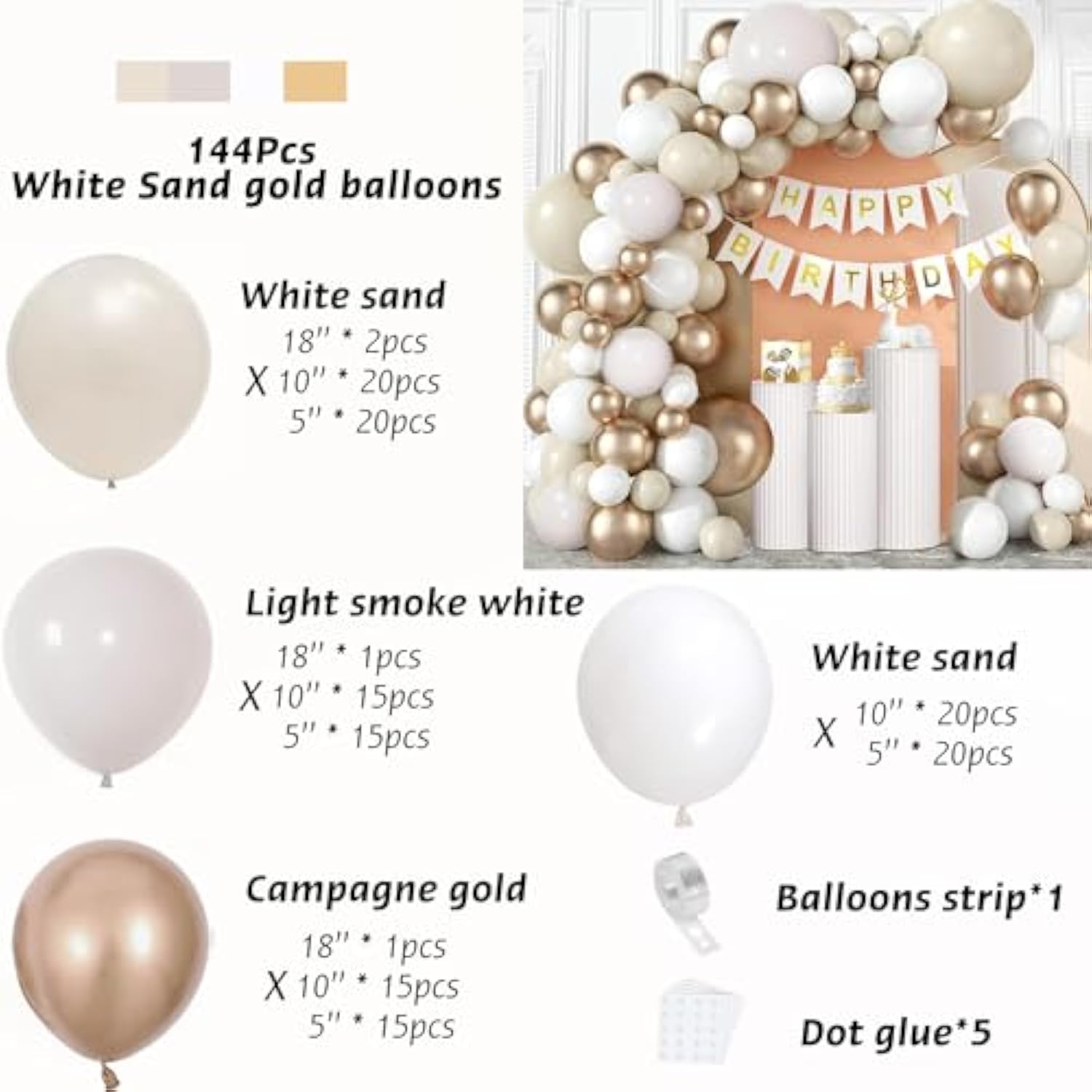 Beige White Gold Balloon Arch Kit for Boho Baby Shower, Wedding, Birthday & Party Decor