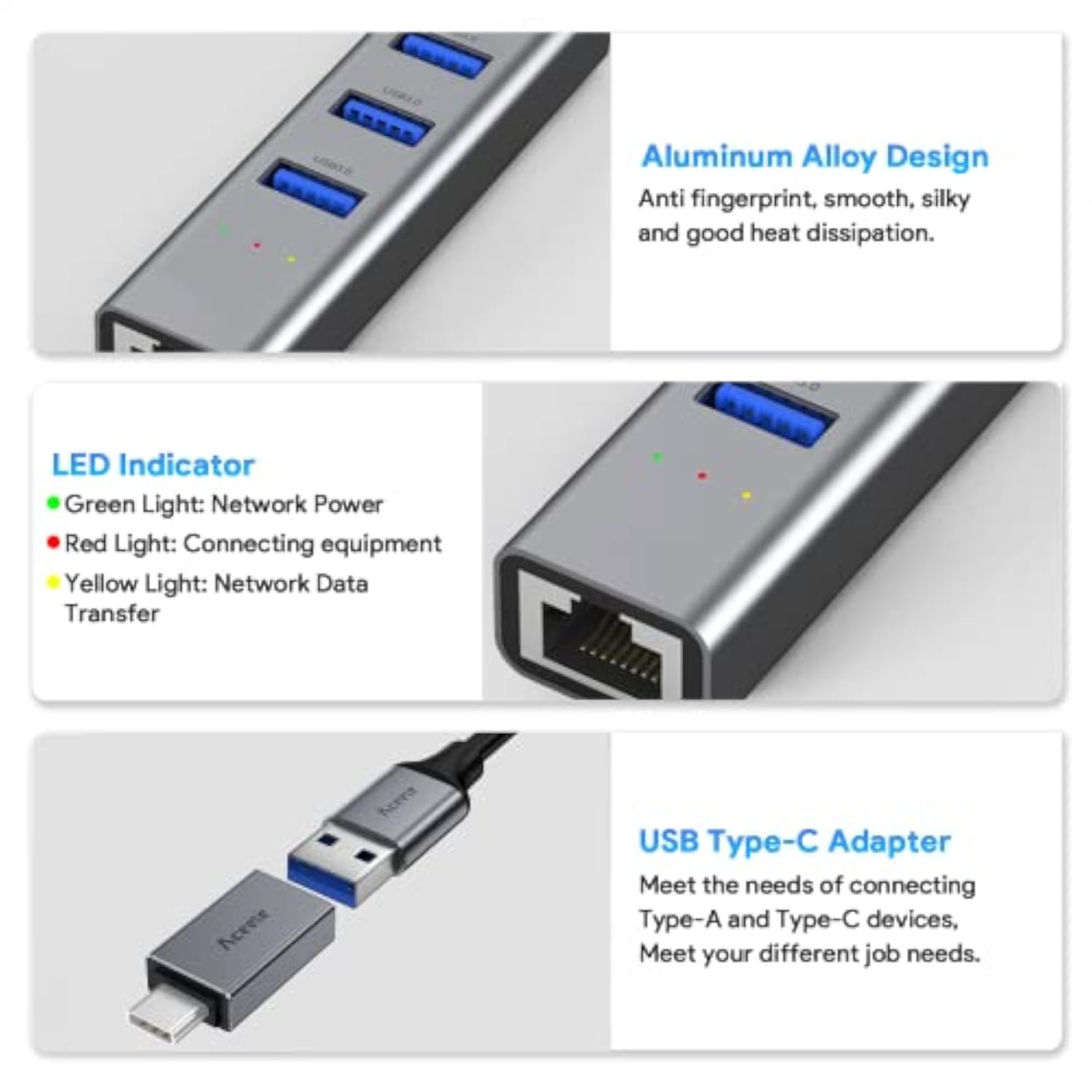 Usb And Usb C To Ethernet Adapter, 3.3Ft Long Cord,Aluminum 3 Ports Usb 3.0 Hu