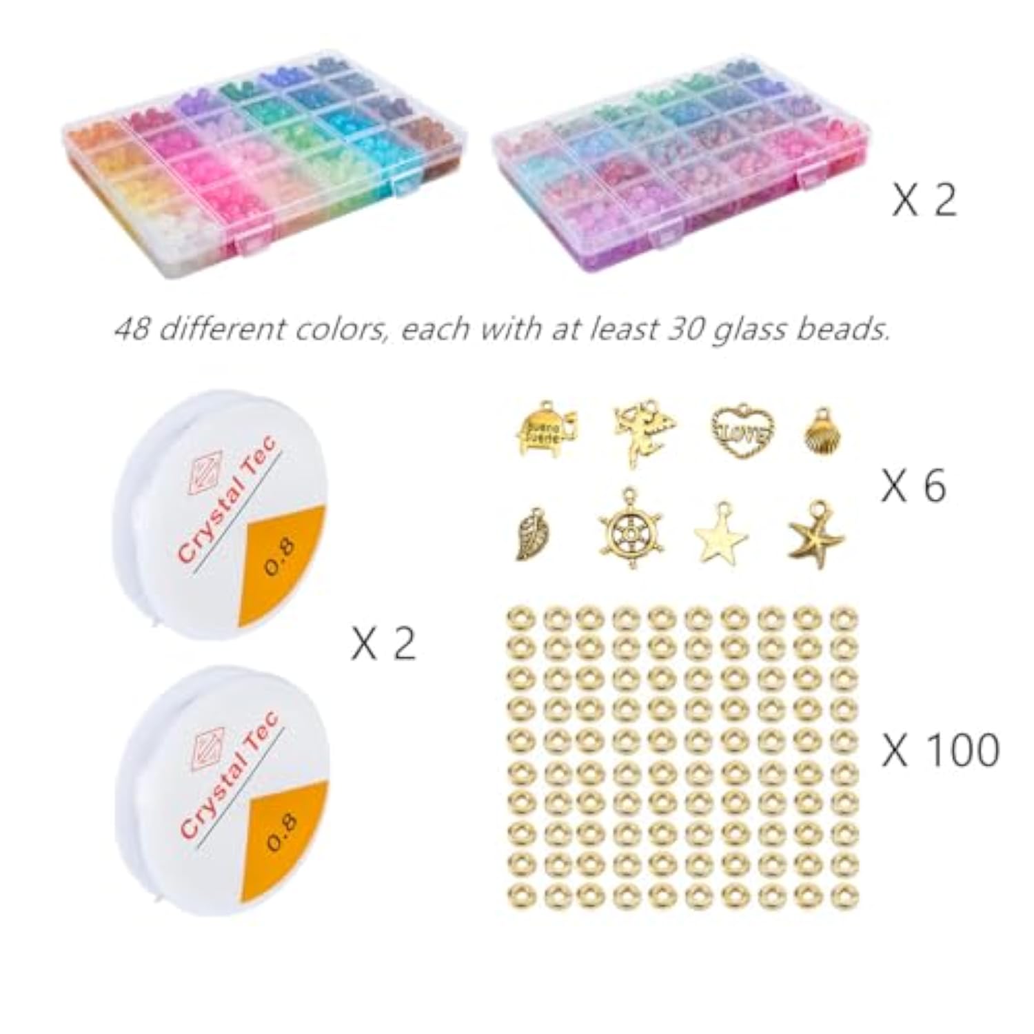 1300+pcs 8mm Glass Beads, 48 Colors for Jewelry Making & Crafts