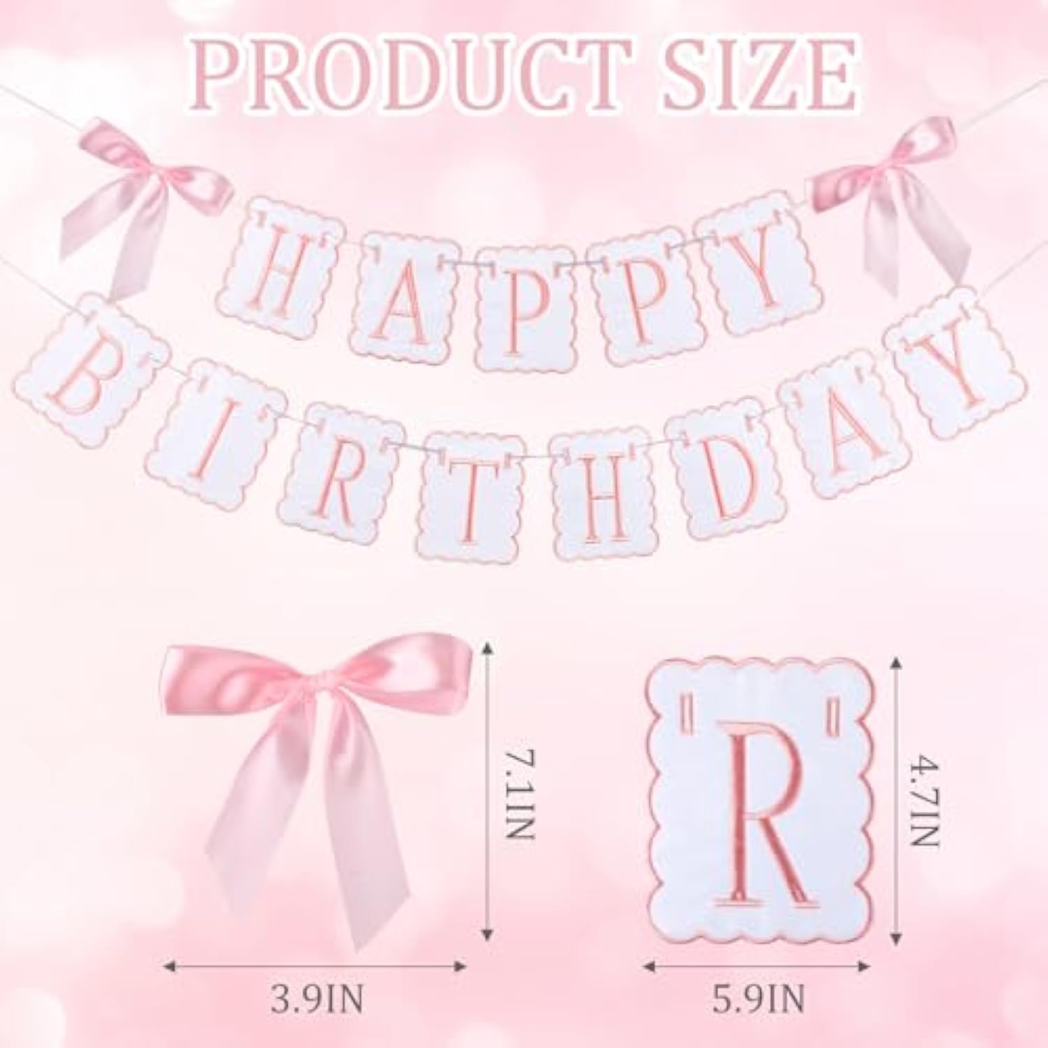 Pink And White Bow Happy Birthday Banner Garland Pink Bow Birthday Party Decorations Coquette Scalloped Embroidered First Party Cake Smash Prop For Women Baby Shower High Chair Decor