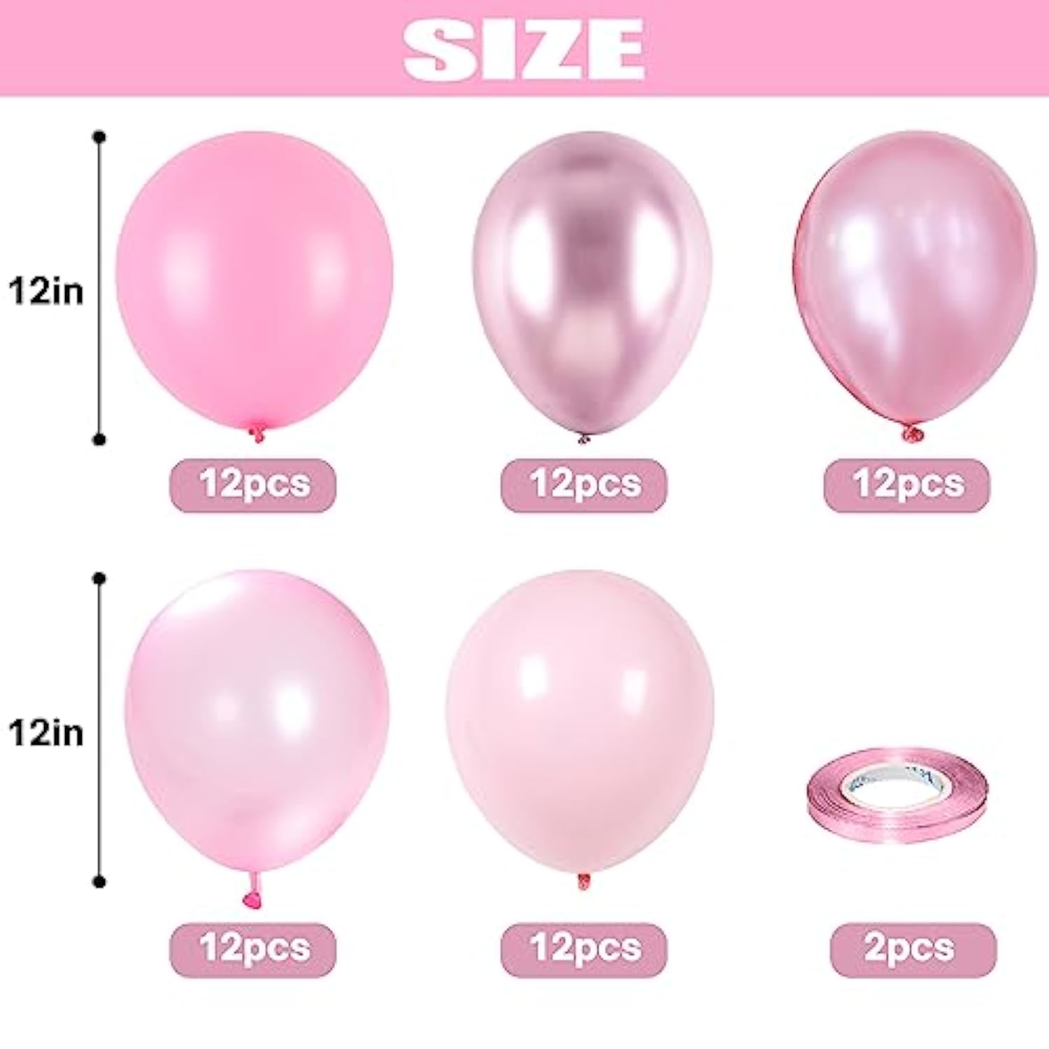 Pink Balloons Set, 60 Packs 12 Inch Metallic Chrome Pink Pearl Macaron Light Pink Different Shades Balloons For Girl Women Birthday Decorations, Wedding, Christening, Baby Shower Party