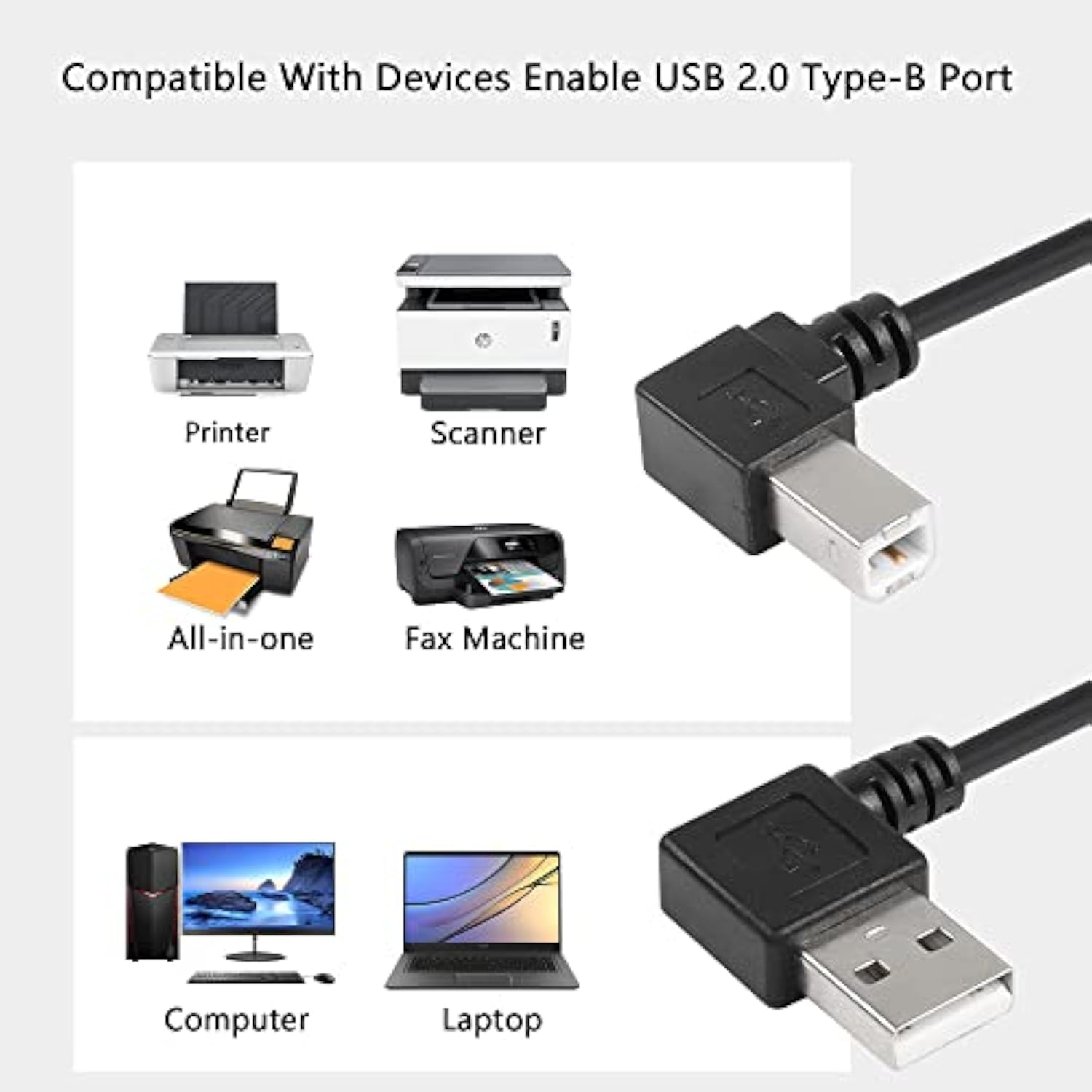 90 Degree Usb A To B Cable Printer Cable, 1Ft Left Angle Usb 2.0 Type A Male T