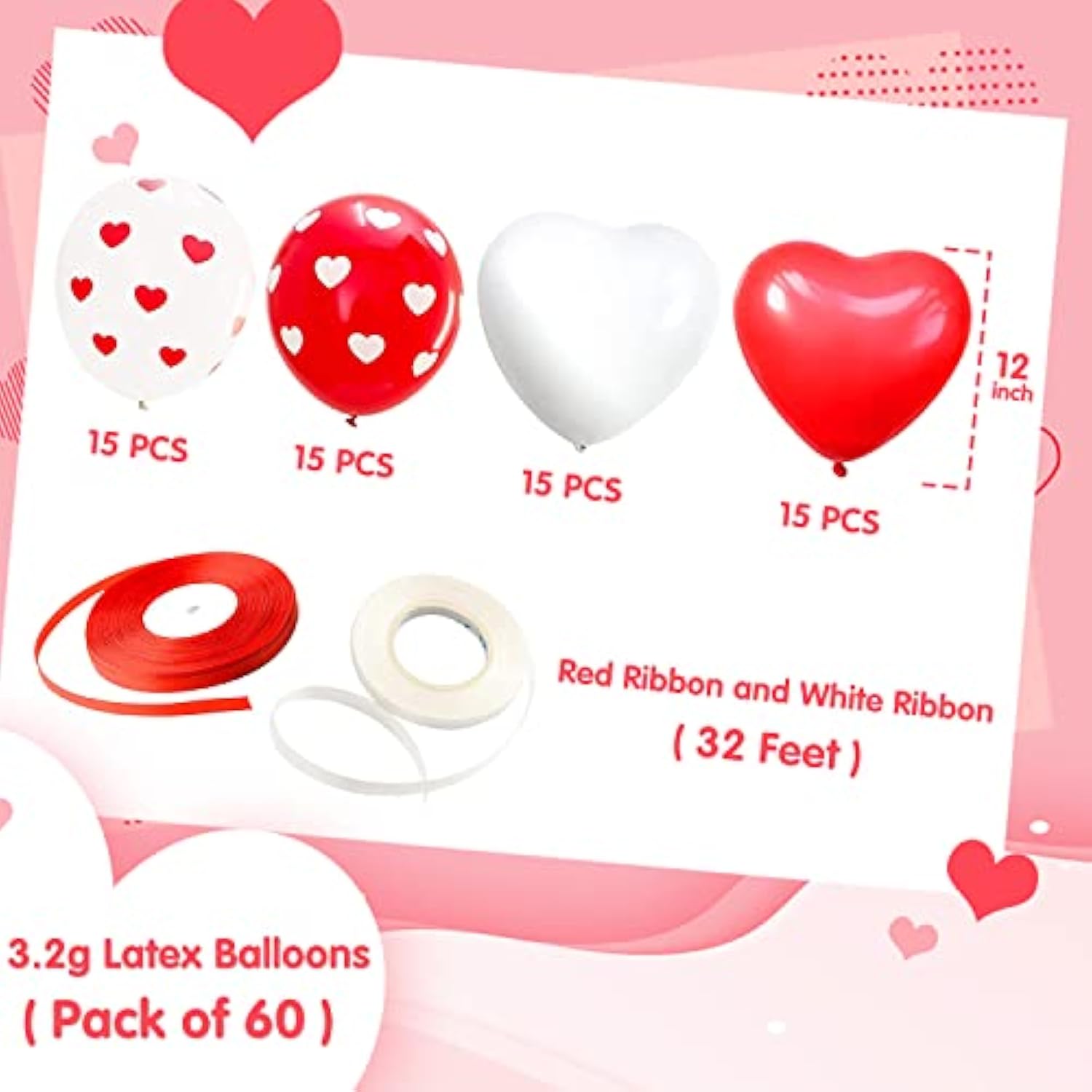 60Pcs Valentines Day Balloons Red And White Heart Balloons 12 Inch Hea