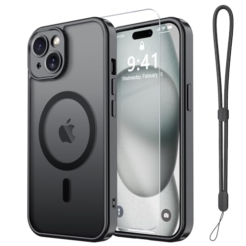 Magnetic for iPhone 15 Case,with Screen Protector+Wrist Strap,Compatible with MagSafe,Camera Protection,Military Grade Drop Protection,Slim