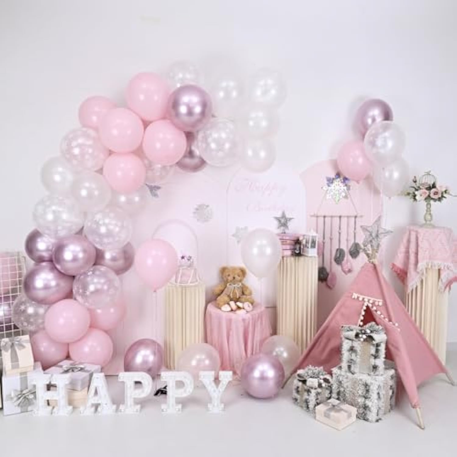 Pink Winter Wonderland Balloons, 50 Pcs 12 Inch Pearl White Balloons Pastel Metallic Pink Balloon For Girls Womem Winter Christmas Wonderland Birthday Baby Shower Ice Snow Princess Party Decorations