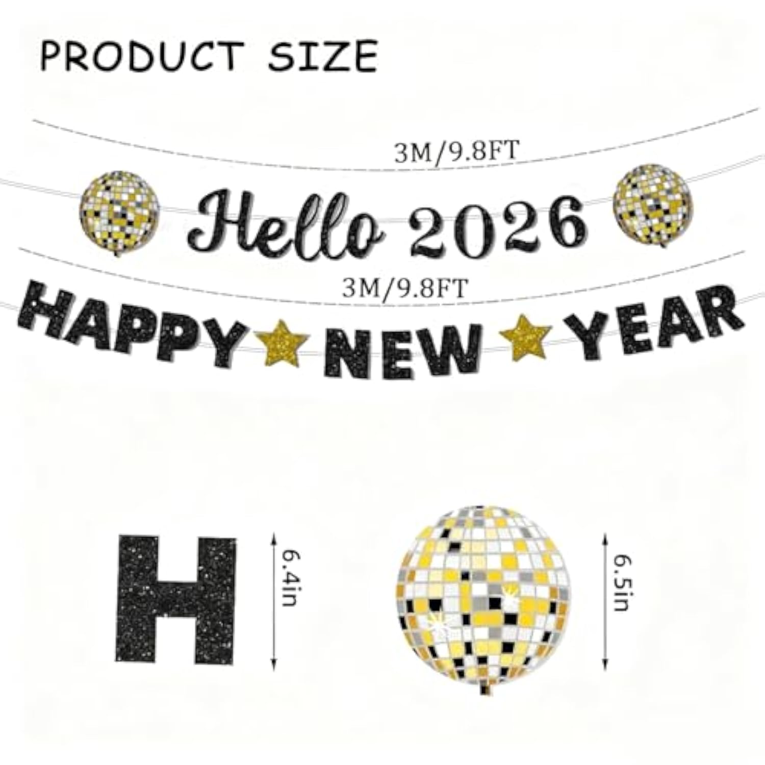 2026 Happy New Year Banner Gold Black Glitter Disco Party Decor