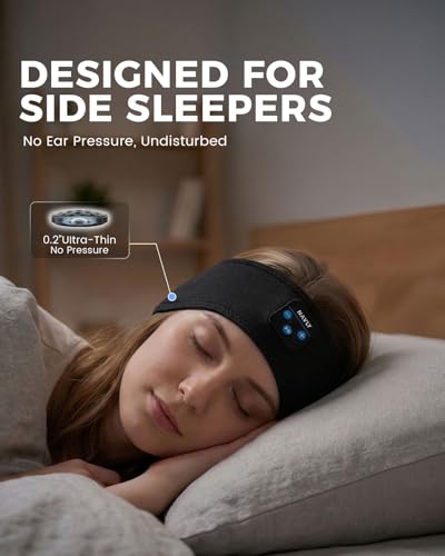 Sleep Headphones for Side Sleepers, Washable Bluetooth Headband with Ultra-Thin Speakers for Reduced Pressure, Yoga, Travel (Black Ink)