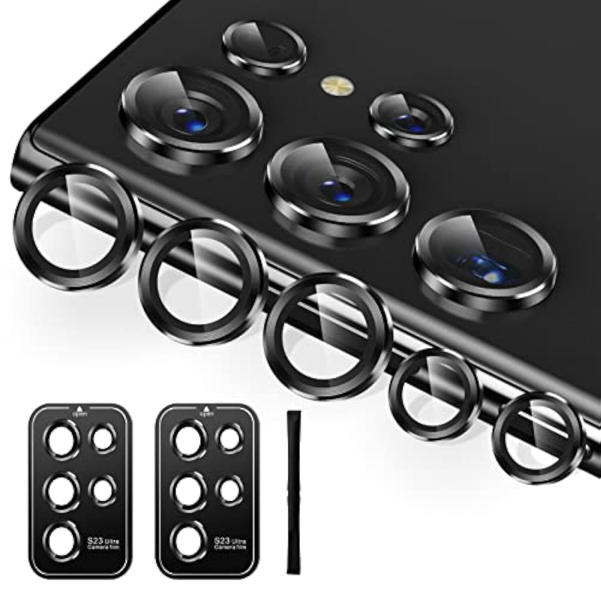[5+5 Pack] For Samsung Galaxy S23 Ultra Camera Lens Protector 9H Tempered Glass Camera Screen Protector For S23 Ultra Accessories Aluminum Edge Lens Cover Hd Clear Case Friendly 2 Sets [Black]