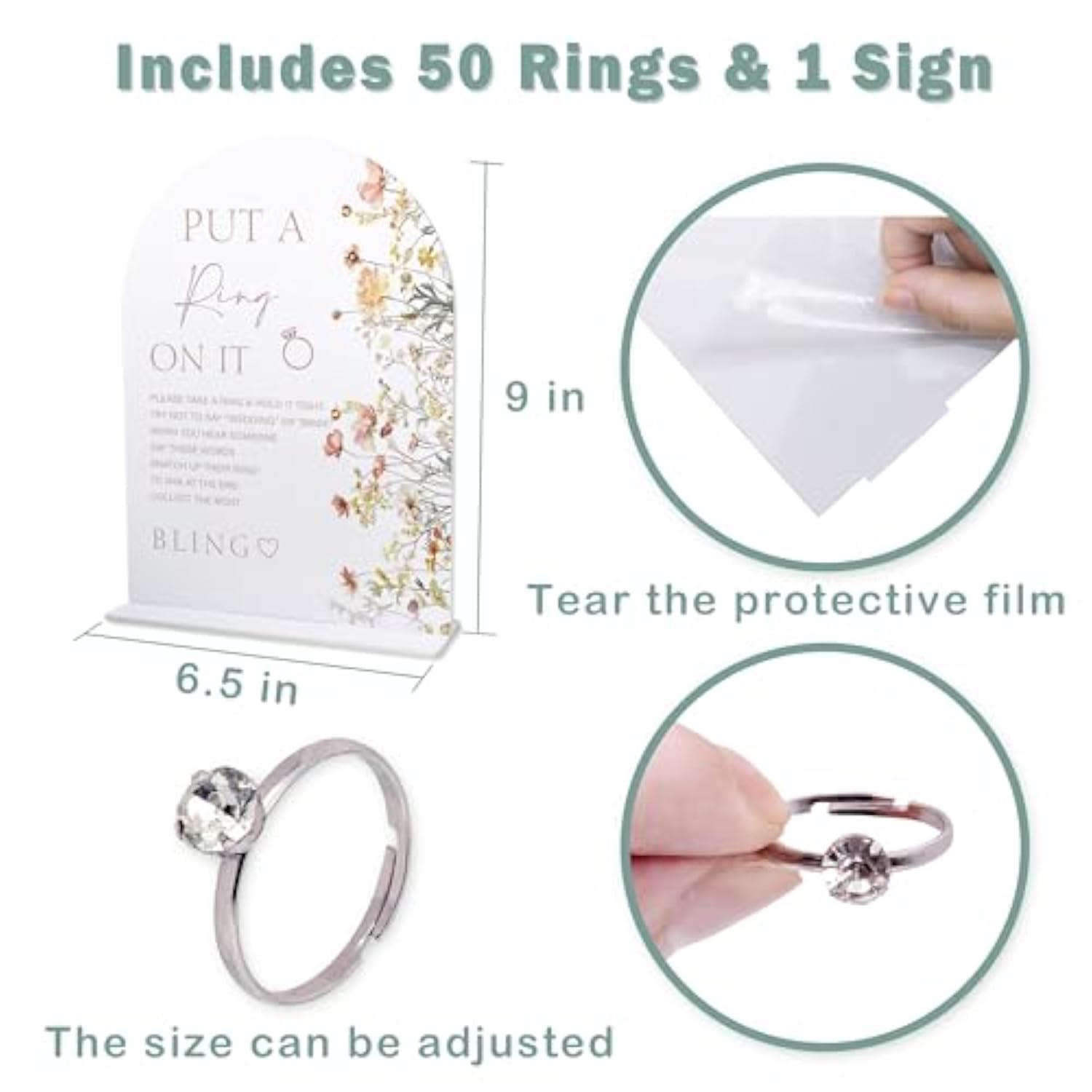 Florals Bridal Shower Decorations, Wedding Shower Games, Popular Bridal Shower Game, Put A Ring On It Game, 1 Sign And 50 Rings(Dsxn07)