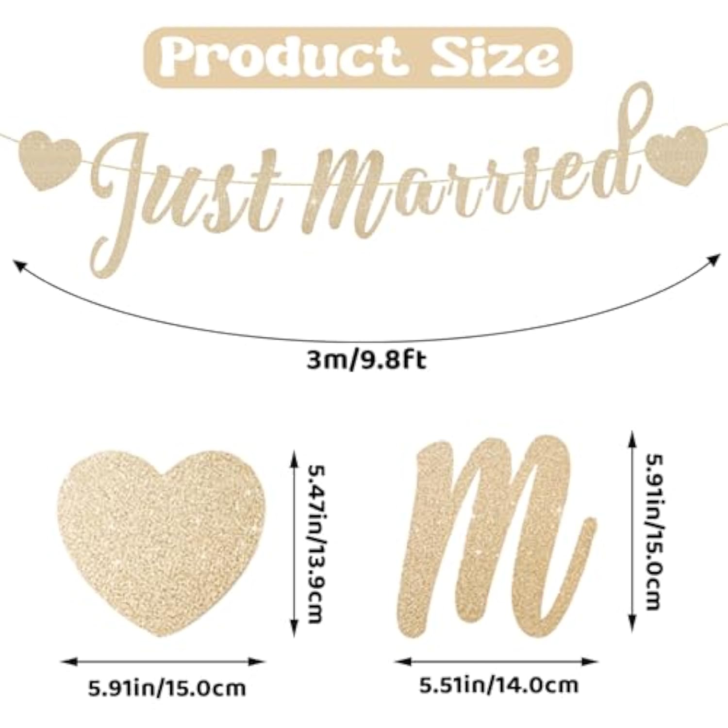 Just Married Banner, Pre-Strung Glitter Wedding Decorations For Reception, Just Married Car Decorations, Wedding Signs For Ceremony And Reception