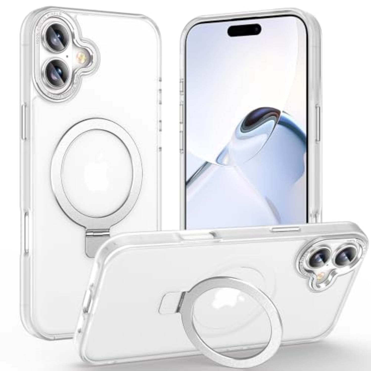 Frosted White Magnetic Ring Stand Case for iPhone 16