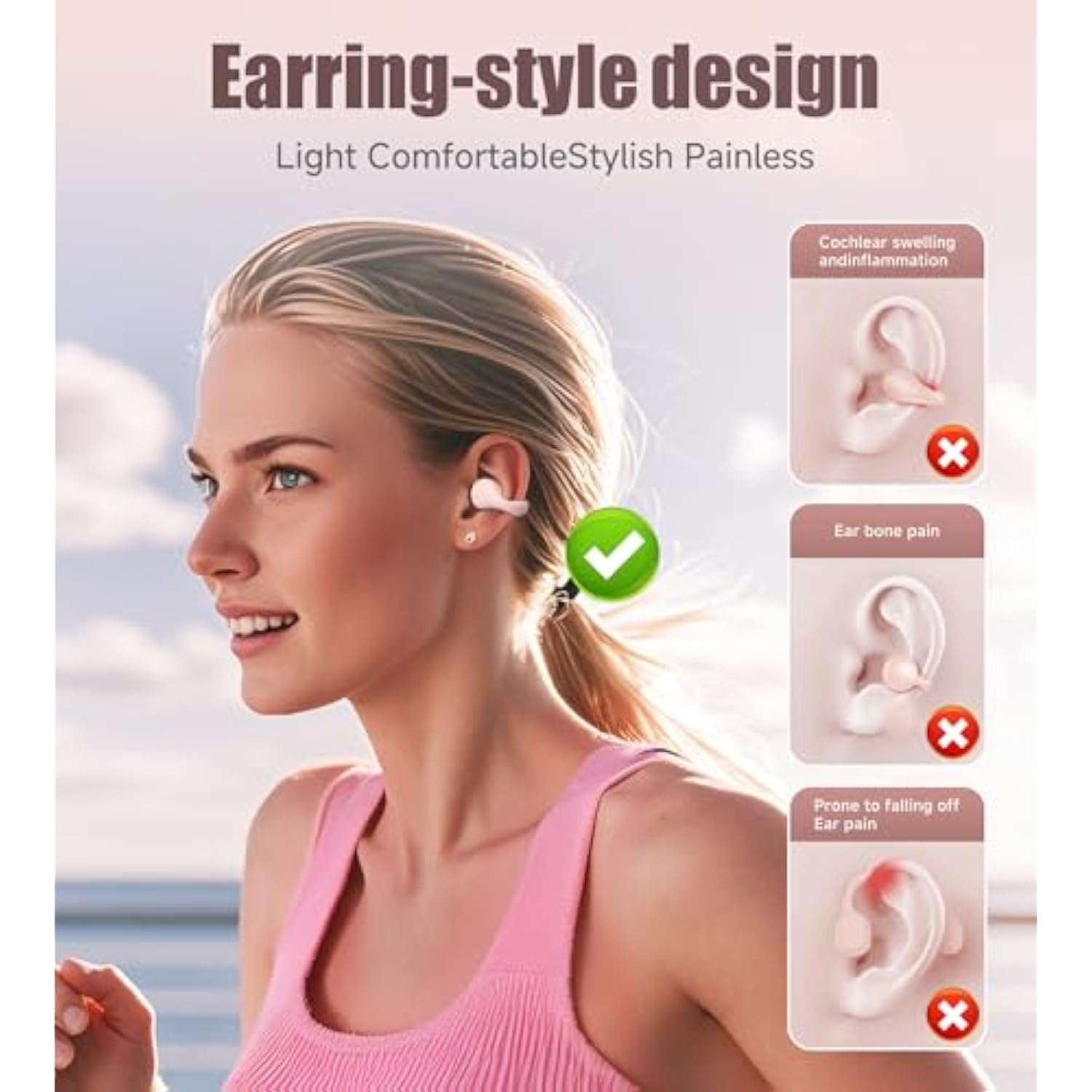 I21 Open Ear Clip On Earbuds Wireless Bluetooth Ear Clip Headphones With Mic, Noise Cancelling, Waterproof Ipx4, For Small Ears, Perfect For Running, Sports, And Glasses Wearers (Pink)