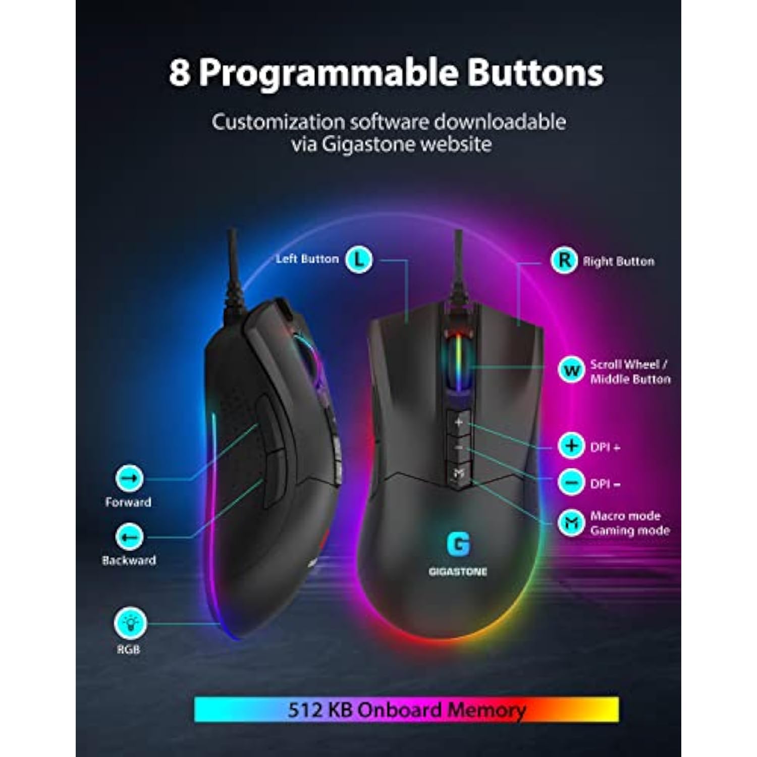Gaming Mouse With 12,000 Dpi Adjustable, Rgb Backlight, Optical Sensor, 8 Programmable Buttons, Rgb Gaming Mouse With 512Kb Onboard Memory, Wired Gaming Mouse For Windows 7 And Up