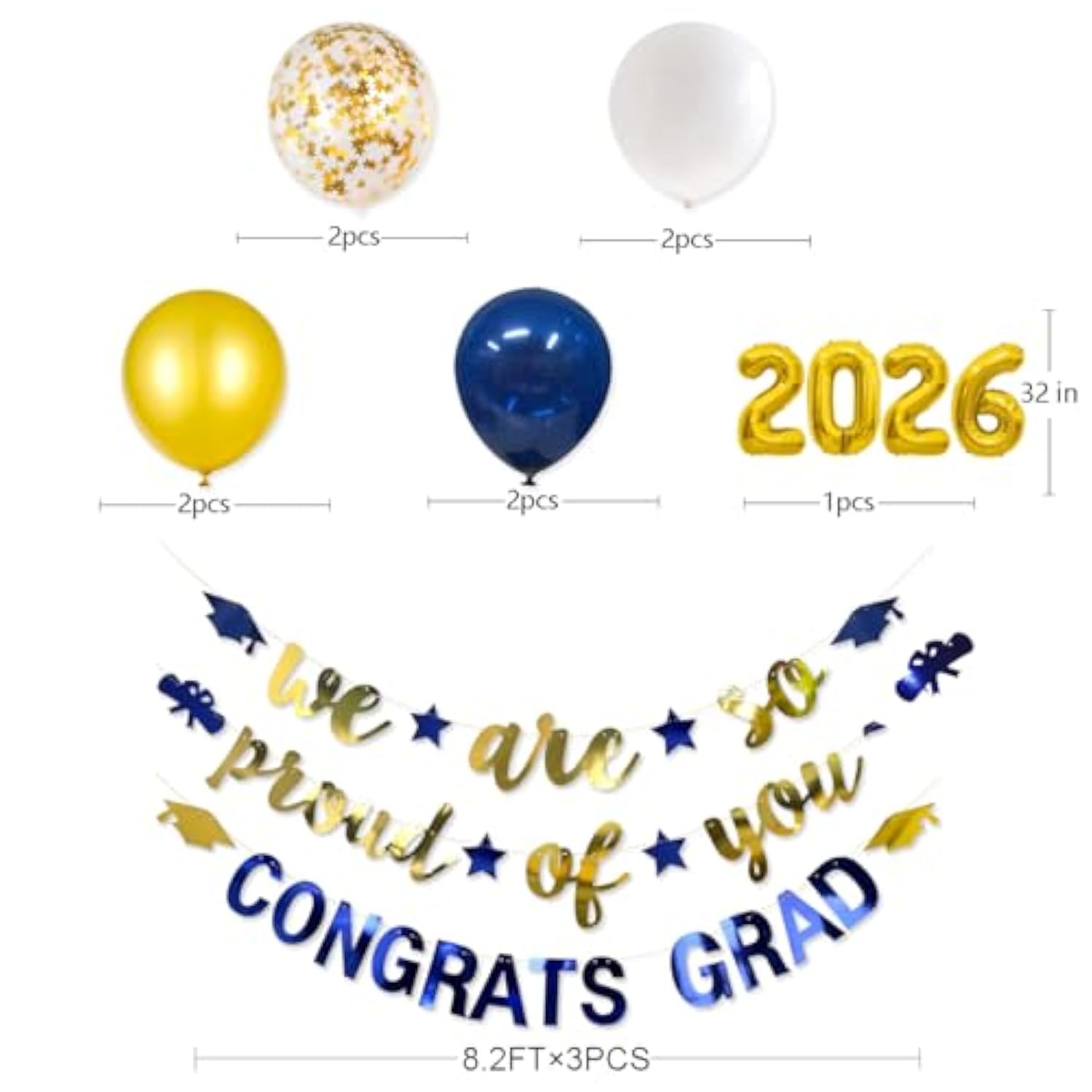 Navy Blue Gold 2026 Graduation Party Decorations Foil Balloon 2026 We Are So Proud Of You Congrats Grad Graduation Banner Blue Gold Cap Diploma Star Garland For Congratulations Party Decor Supplies