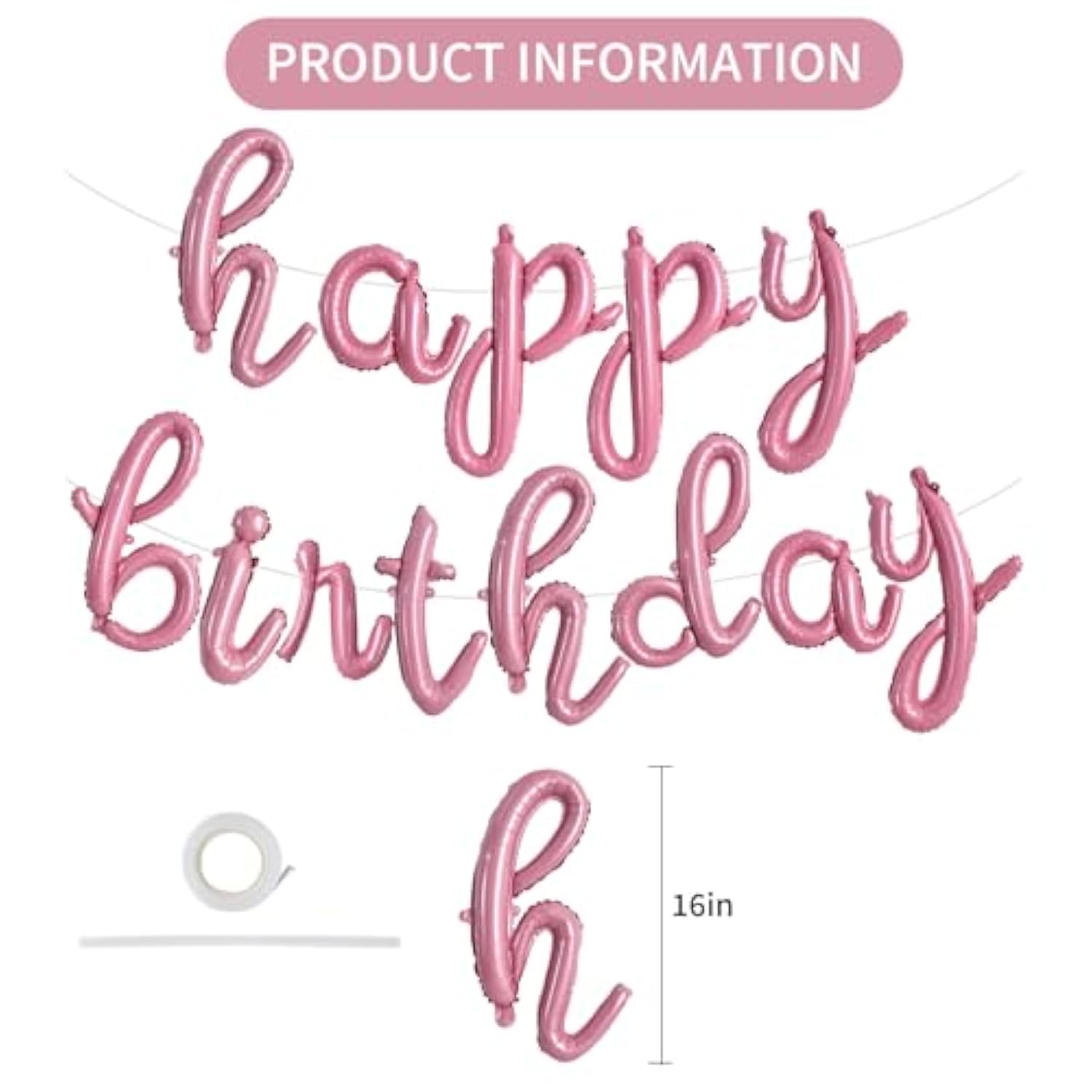 Happy Birthday Banner, Cursive Balloons, Light Pink Mylar Foil Birthday Balloons For Kids And Adults