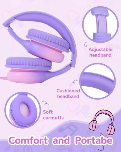 Over Ear Kids Headphones with HD Mic, Safe Volume Limited Wired Headphones for School, Travel, Stereo Sound Headphones with Cord, Foldable 3.5mm