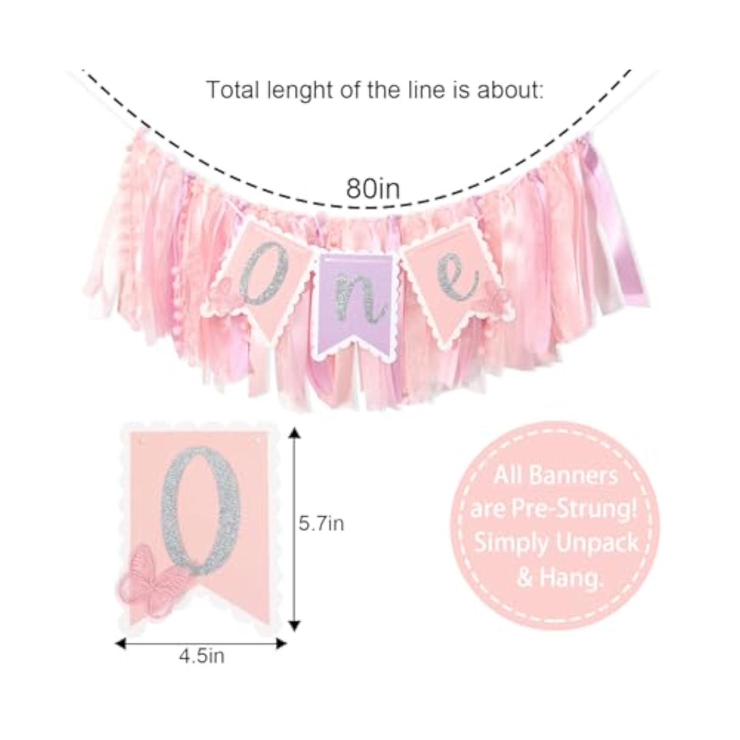Pink Butterfly First Birthday Highchair Banner - 1St Birthday Decoration, Spring One Decor, Girls Highchair Banner, Photo Prop Cake Smash