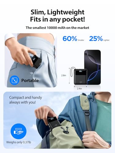 Portable Charger 10000mAh Power Bank Fast Charging, 22.5W USB C Battery Pack with Built-in Cables, Small Portable Charger Travel Essentials Power