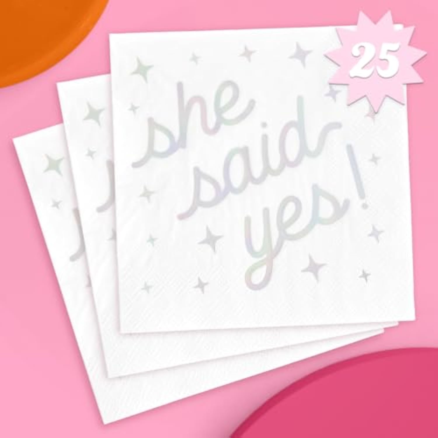 She Said Yes Napkins - 3-Ply, 25 Pcs | White Bachelorette Decorations, Engagement Theme Party, Bridal Shower Tablescape, Cute Proposal Dinner Decor