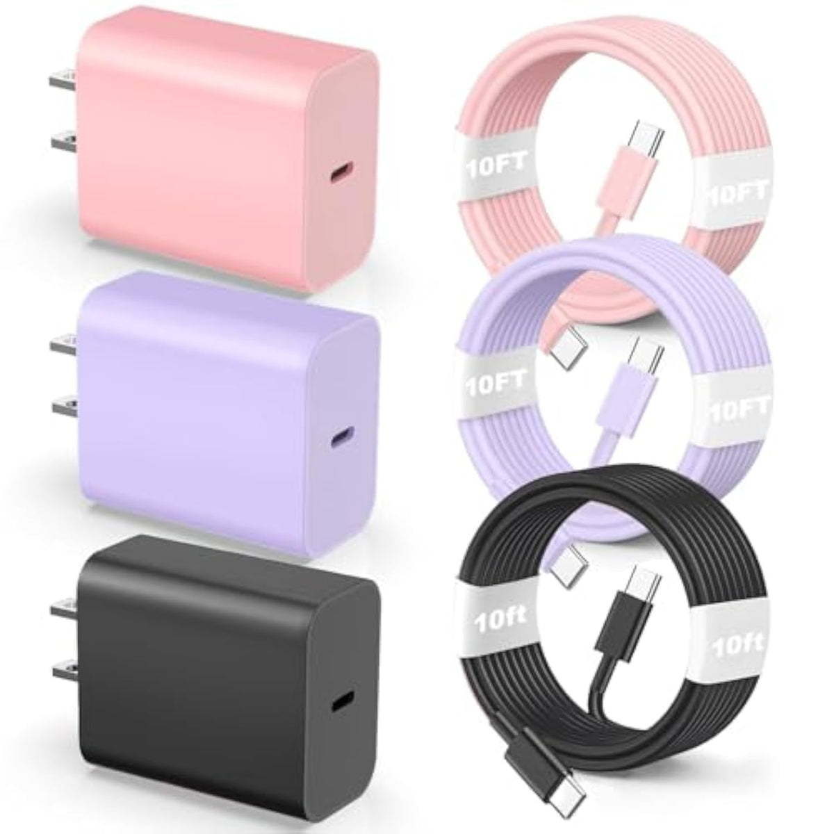 Compatible With Iphone 17 16 15 Fast Charging Cable 10Ft,3Pack 60W Usb C To Usb C Fast Charging Cable Cord For Phone 17 16 15/15 Pro/15 Pro Max/15 Plus, Pad Pro,Maccboook Air, Samsunng-Purplepinkblack