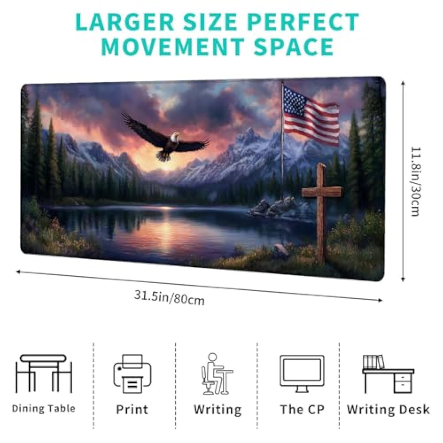 Patriotic Eagle And Flag Gaming Mouse Pad – 12X31.5In Non-Slip Rubber Desk Mat With American Landscape Design – Large Extended Mousepad For Office Home – Deskmat Gifts For Veterans Lover Decor