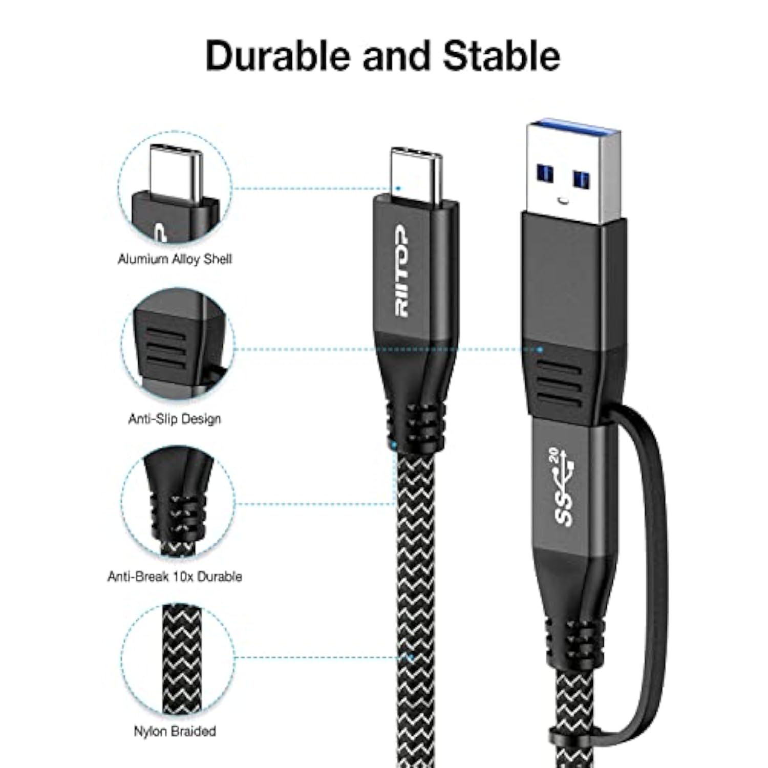 RIITOP USB 3.2 C to C Cable 20Gbps [1FT], Braided 2IN1 USB Type C Y Short Cabl