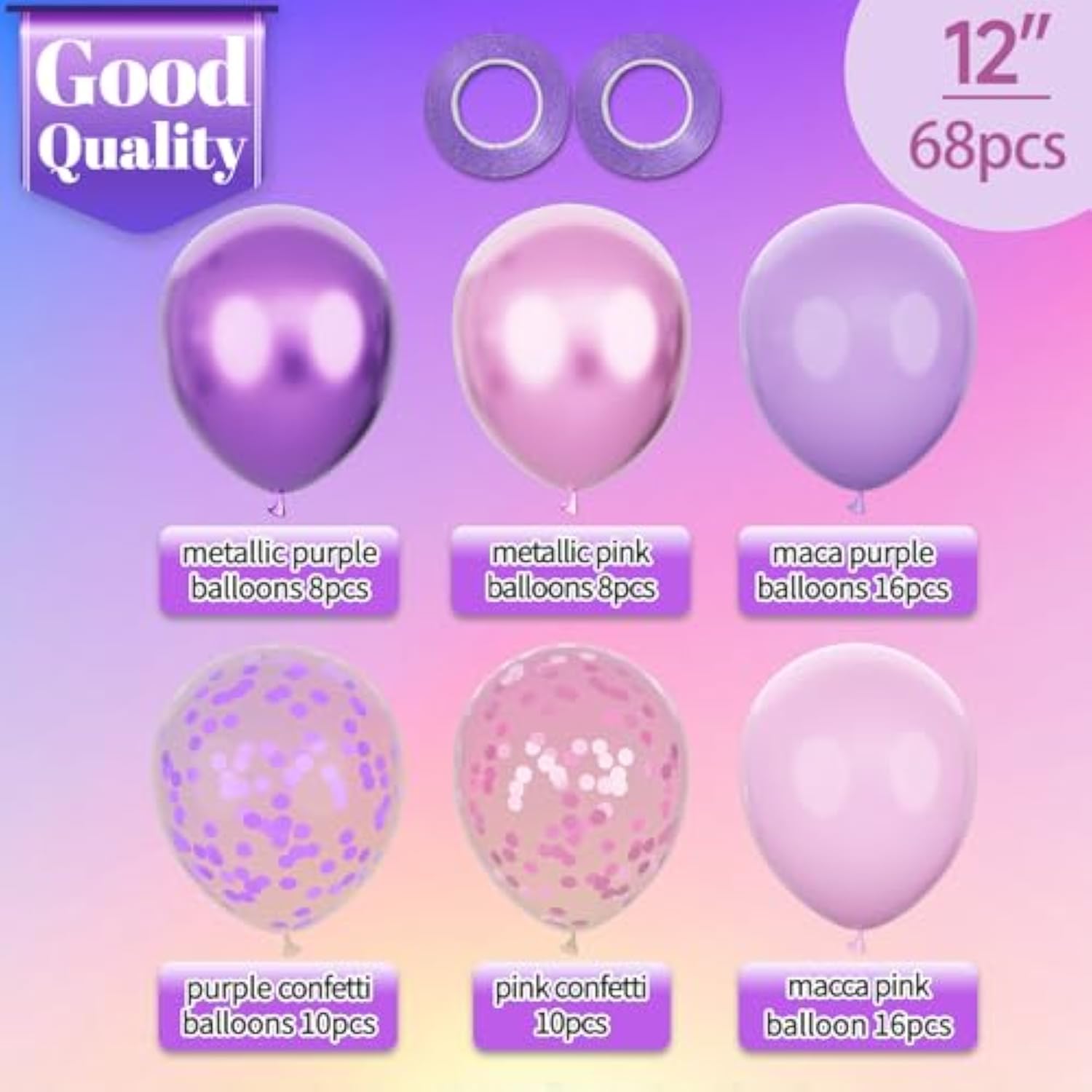 Pink And Purple Balloons, 68Pcs 12 Inch Metallic Purple Pink Confetti Latex Balloons With Ribbon, Party Balloons For Girls Birthday Baby Shower Wedding Party Decorations