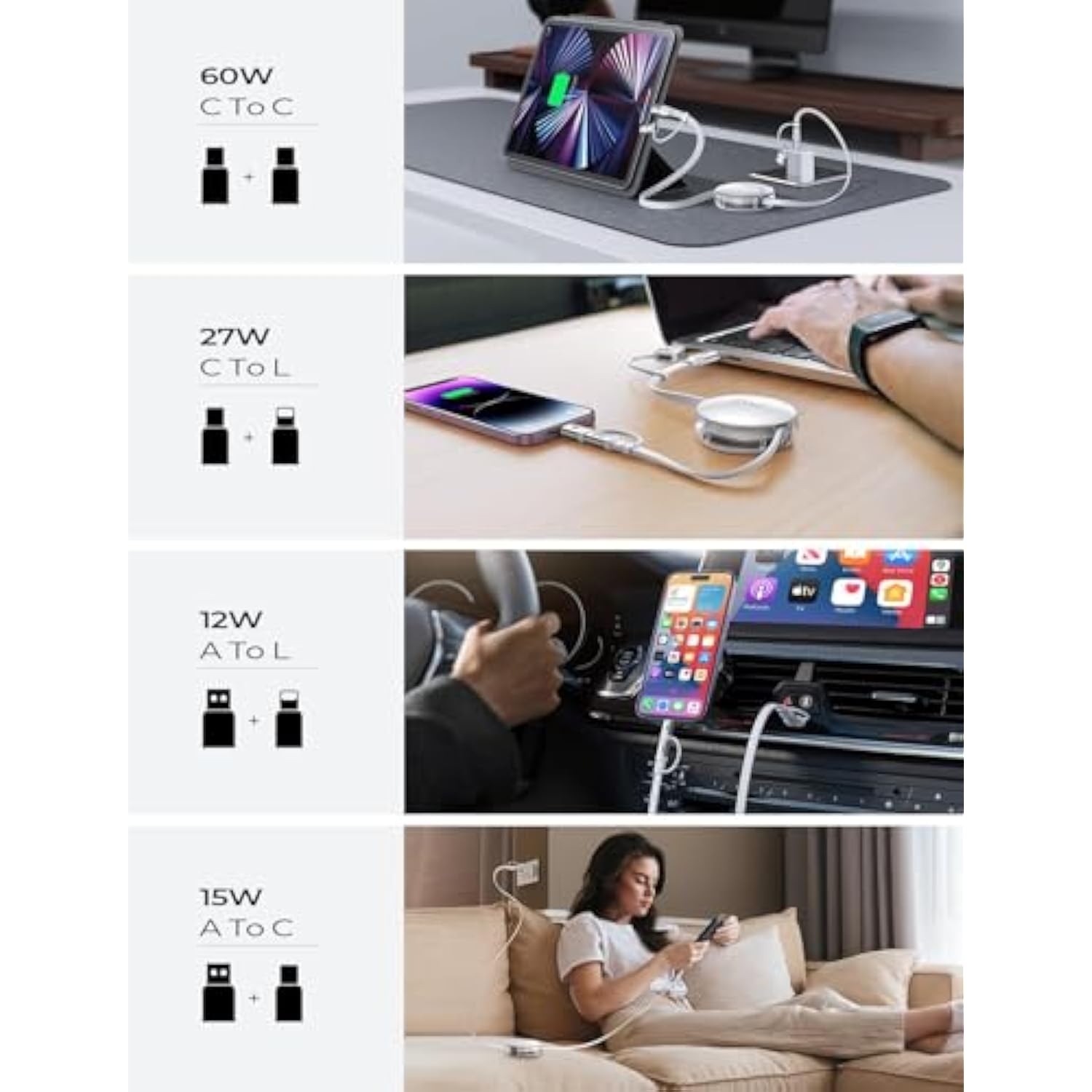 4 In 1 Multi Charging Cable [Carry Anywhere] [Fast Charge All Devices] 60W Pd