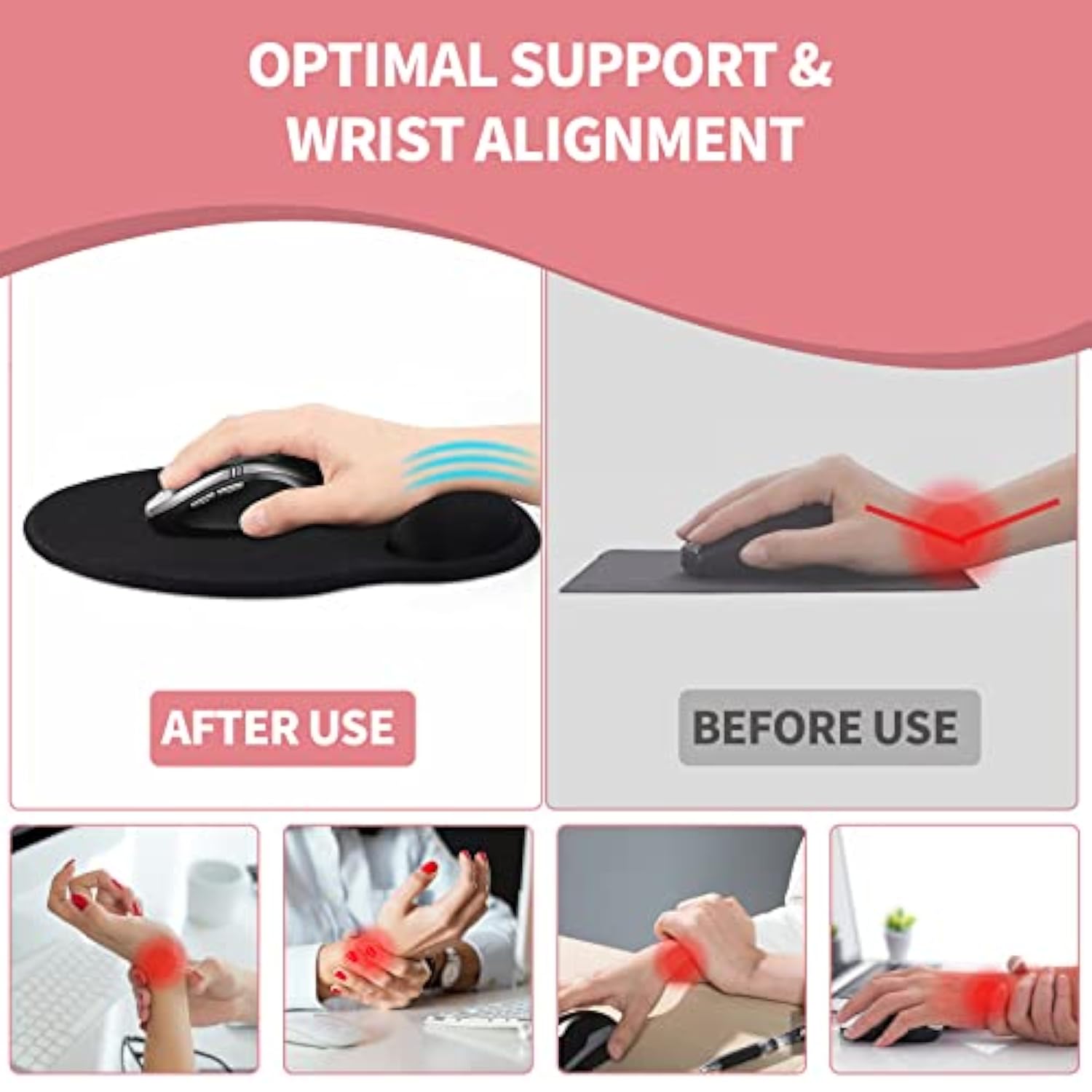 Mouse Pad With Wrist Rest, Comfortable Computer Mousepad With Gel Wrist Support Smooth And Non-Slip Pu Base For Pain Relief, Laptop, Office & Home (Rose)