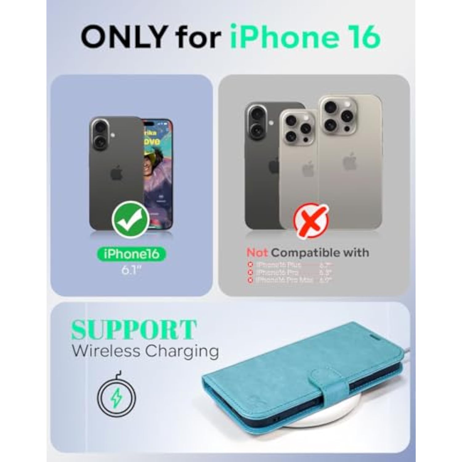 iPhone 16 Wallet Case, PU Leather Folio with Card Holders, RFID, Kickstand, Ice Blue