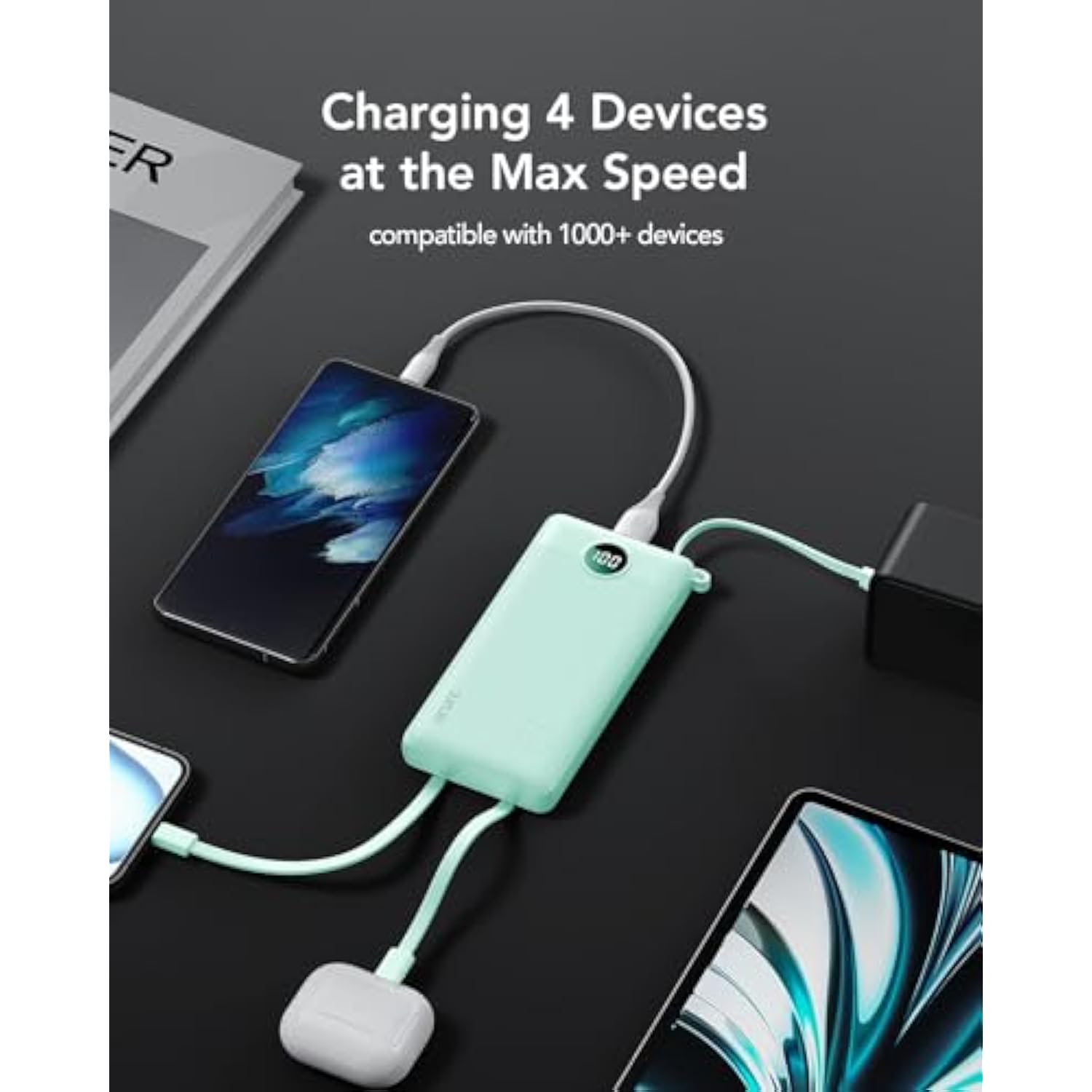 Portable Charger, 22.5W Power Bank 10000Mah, Usb-C Cable In & Out Fast Charging Battery Pack, Compact Travel Essential 4 Outputs 3 Inputs For Iphone 16 15 14 13,Samsung, Android Etc-Green