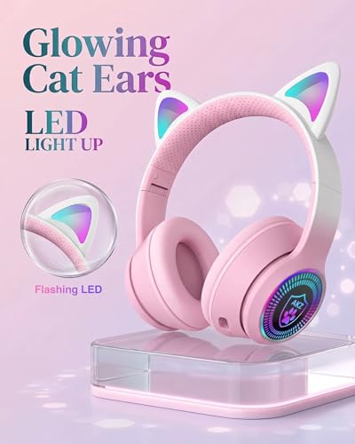 Cat Ear Gaming Bluetooth 5.3 Wireless Foldable Headphones with LED Light, Stereo Game Surround Sound Over-Ear Headsets with Microphone AUX for PC,