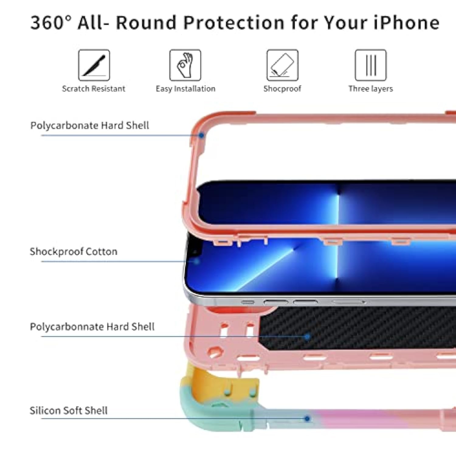 For Iphone 14 Case/Iphone 13 Case Inch With Ring Stand, With 2 Pack Glass Screen Protector + 1 Pack Camera Lens Protector,Heavy-Duty Shockproof Military Grade Rugged Cover (Rainbow Pink)
