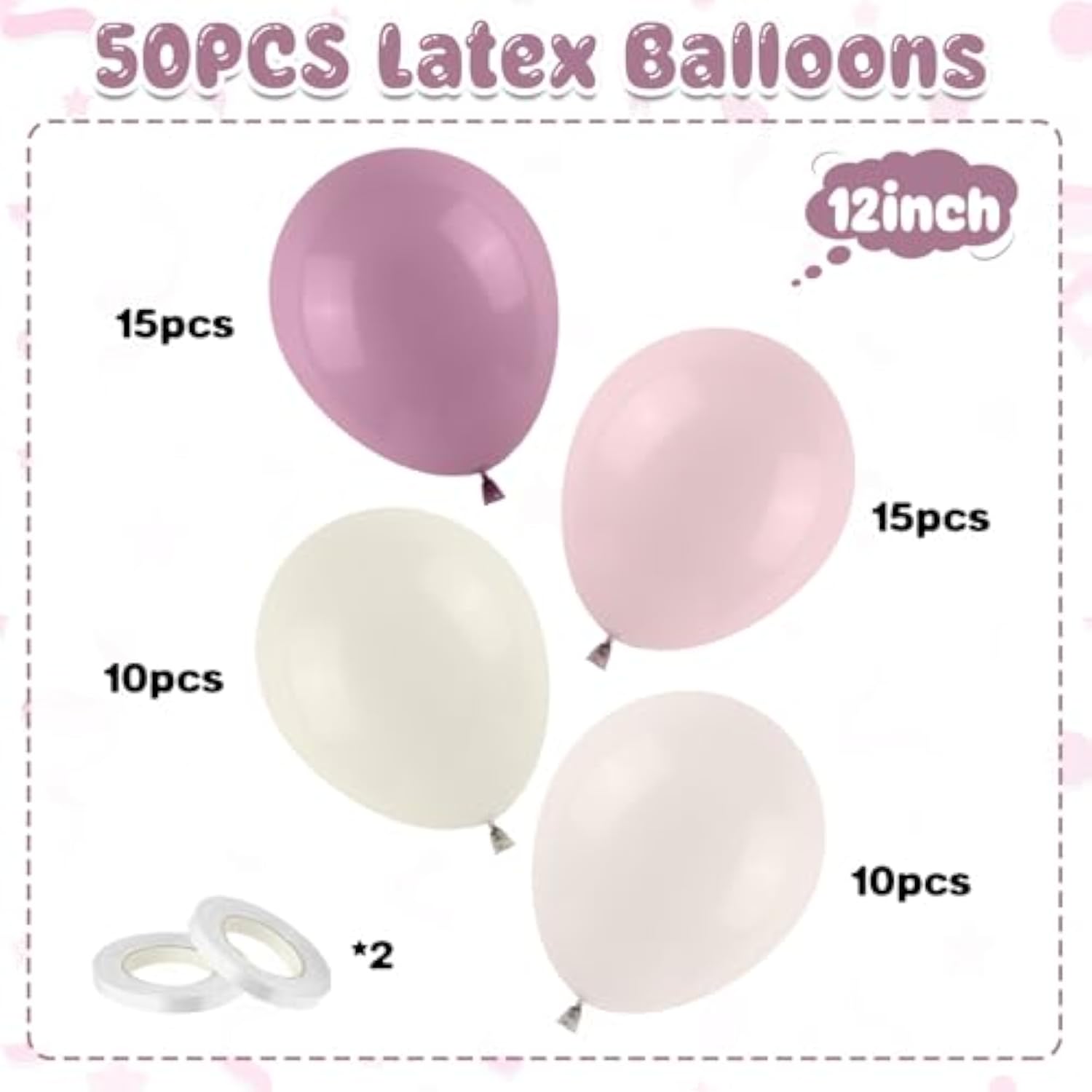 Pink And Purple Balloons, 50Pcs 12Inch Dusty Purple Lavender Pastel Macaron Pink Sand White Balloon Boho Balloon For Girls Birthday Baby Shower Wedding Boho Bridal Shower Decorations