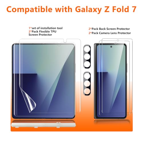 [2Set 6PCS] for Galaxy Z Fold 7 Screen Protector, 2 Inner TPU Films + 2 Outer Tempered Glass + 2 Camera Lens Protecters, Fingerprint Unlock, HD