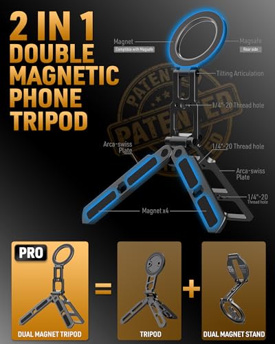 Dual Magnetic Phone Tripod for MagSafe Tripod Foldable Double Magnet Mount Pocket Cell Phone Stand for iPhone 17/16/15 Pro Plus Max Travel Gym