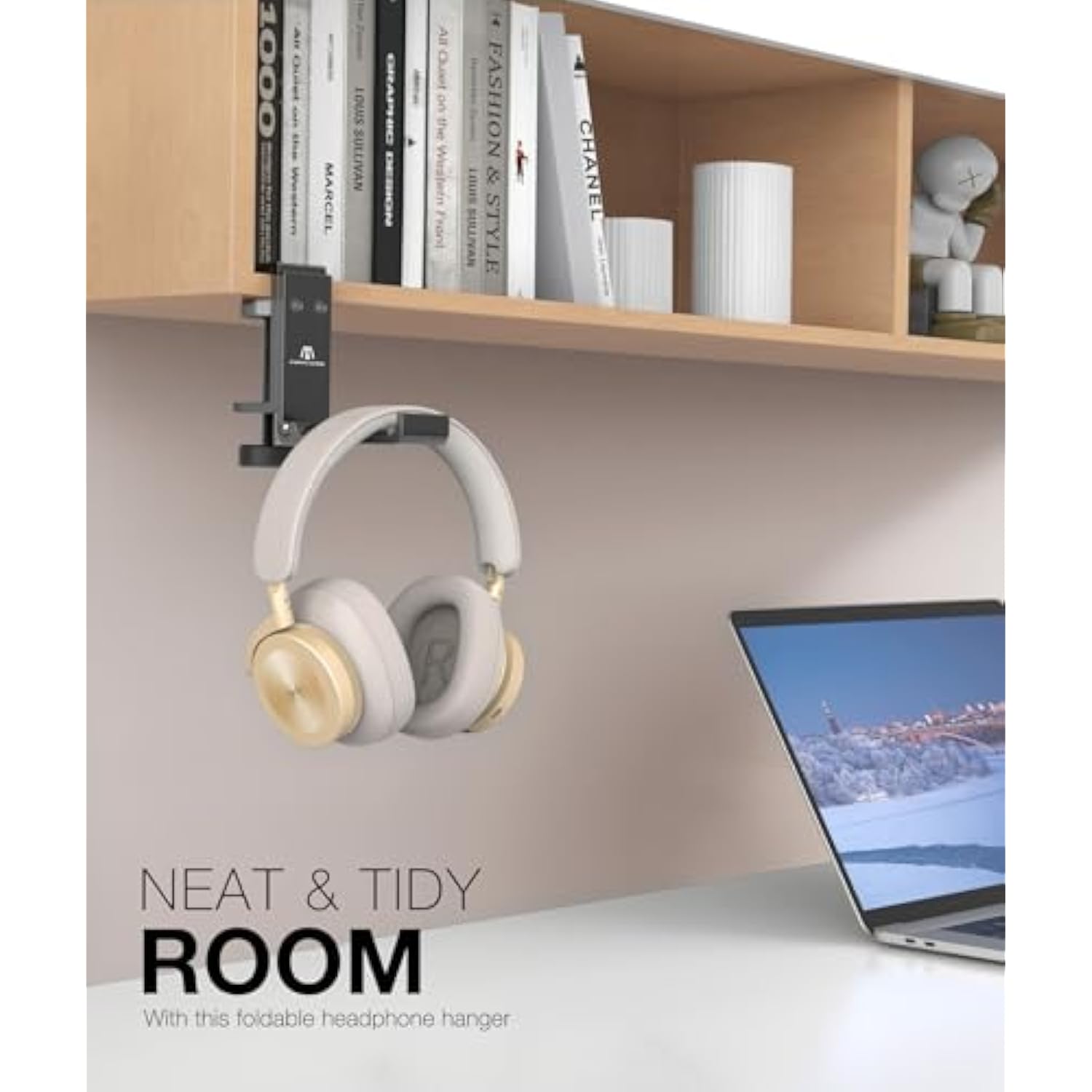 New Foldable Headphone Stand Hanger Holder Aluminum Headset Soundbar Stand Clamp Hook Under Desk Space Save Mount, Universal Fit Gaming Headphones, Black