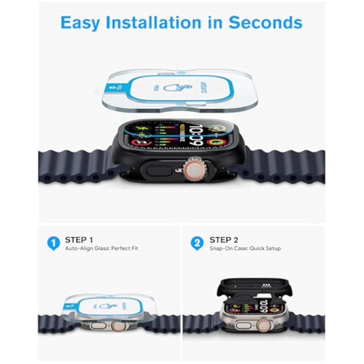 Metal Case Screen Protector Cover For Apple Watch Ultra 2/Ultra 49Mm, W3 Rugged Bumper Thin Frame + 9H Tempered Glass Film + Ceramic-Like Back Cover, [Stylish] [Waterproof], Matte Black